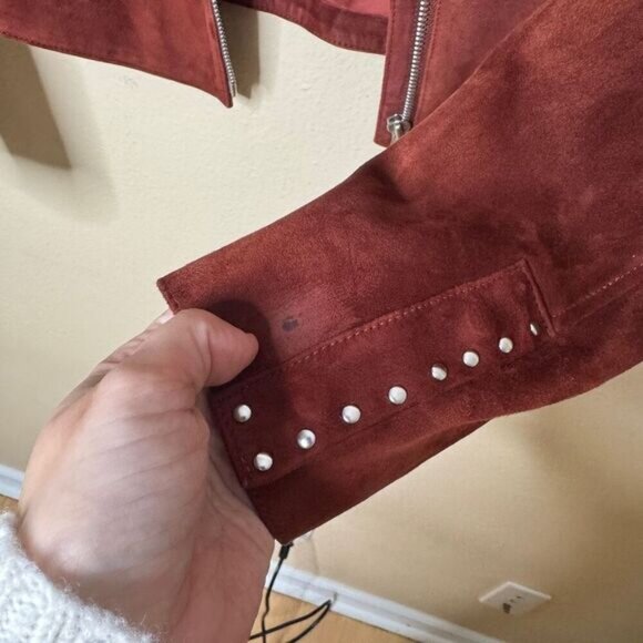 Theory Jacket Women's Large Burgundy Suede Leather Moto Studded Full Zip Pockets - Picture 7 of 12